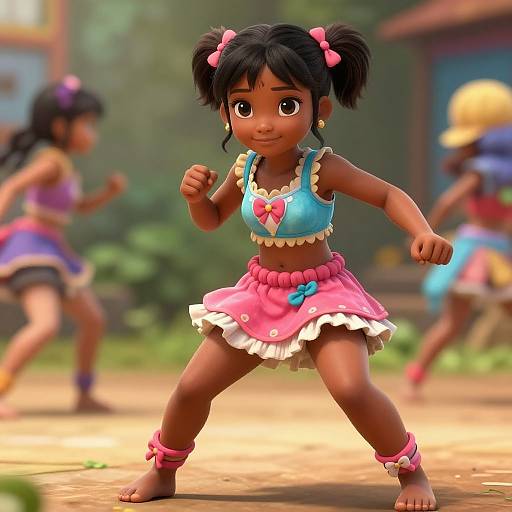 Digital 3D CGI of a dark-skinned young girl with pigtails, wearing a blue crop top, pink skirt, and pink accessories,