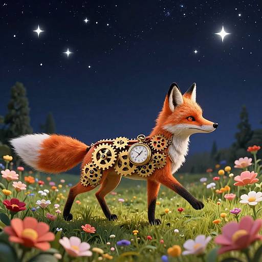 Digital artwork of a red fox with a clock-patterned coat walking through a colorful flower field under a starry night sky.