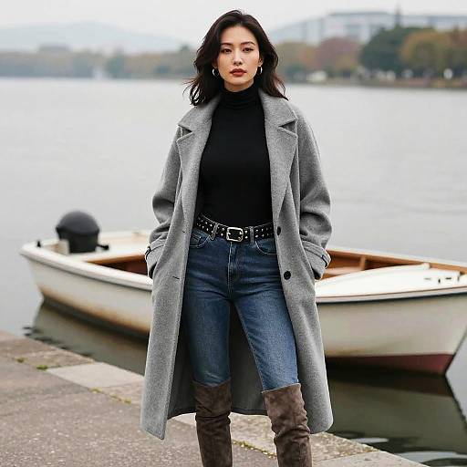 Stylish Woman by Lake in Modern Streetwear