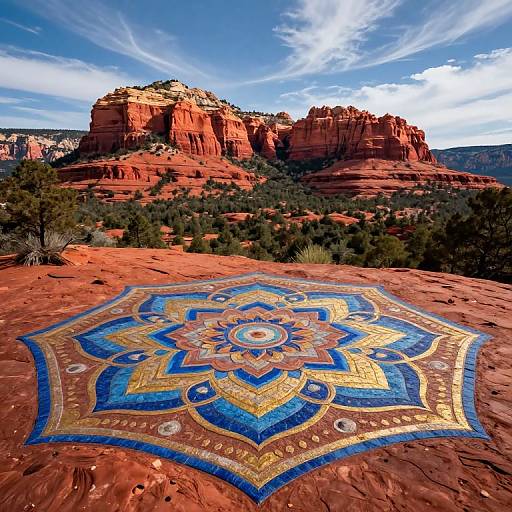 Photograph of a vibrant, intricate blue and gold mandala pattern on red desert rock, with towering red sandstone cliffs and a clear blue sky in