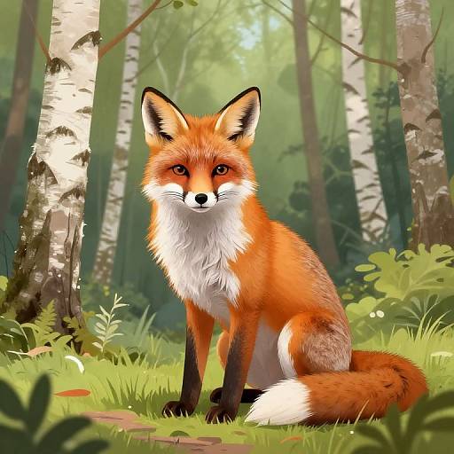 Vibrant Woodland Fox in Birch Forest