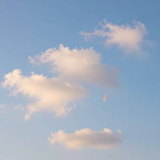 Photograph of a clear blue sky with three fluffy white clouds, illuminated by sunlight, creating soft, glowing edges.