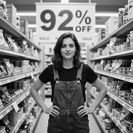 Woman Smiling at Huge Sale Sign