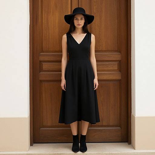 Photograph of a young woman with fair skin and dark hair, wearing a black sleeveless dress, wide-brimmed hat, and black ankle boots