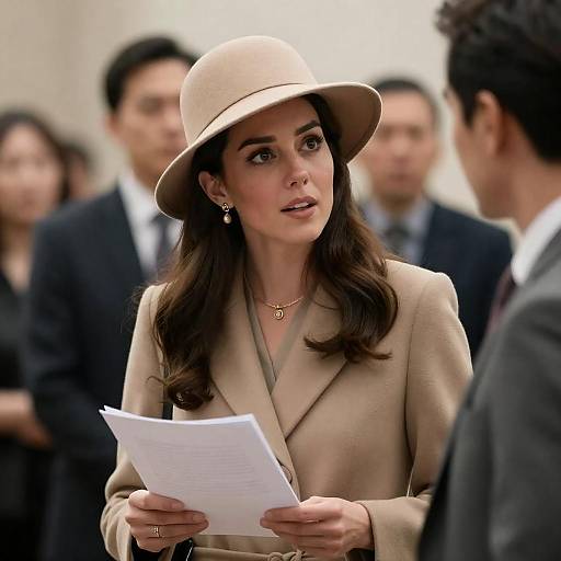 Candid Indoor Conversation in Beige Attire