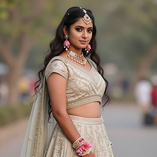 Photograph of a beautiful Indian woman with long black hair, wearing an ornate beige traditional outfit, jewelry, and a pink floral garland, standing