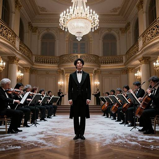 Photograph of a male singer in a black tuxedo standing center stage in an opulent, chandelier-lit ballroom with orchestral musicians