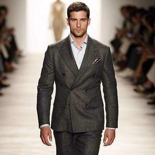 Photograph of a handsome, dark-haired man in a tailored, dark gray double-breasted suit with a white shirt, walking down a brightly lit fashion