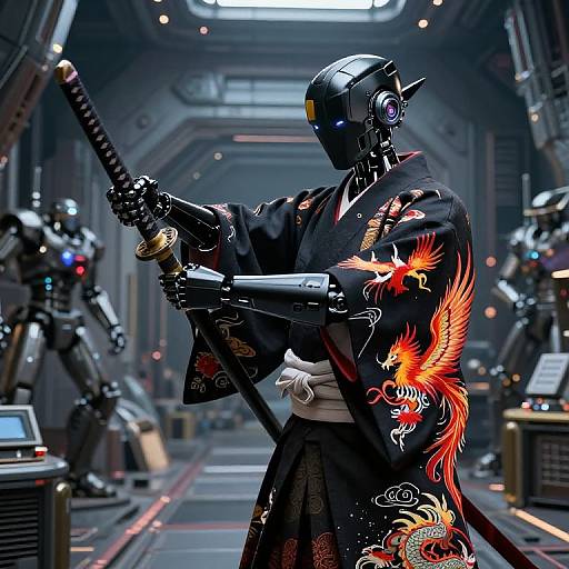Cyborg samurai in dark kimono with vibrant phoenix design, holding katana in futuristic, industrial corridor with glowing robots. Digital art.