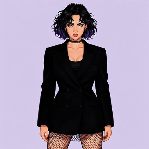 Digital drawing of a dark-haired woman with wavy hair, wearing a black blazer, black top, fishnet stockings, and choker, standing