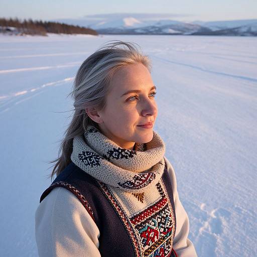 Photograph of a blonde woman with fair skin, wearing a patterned knit scarf and dark vest, standing in a snowy landscape at sunset.