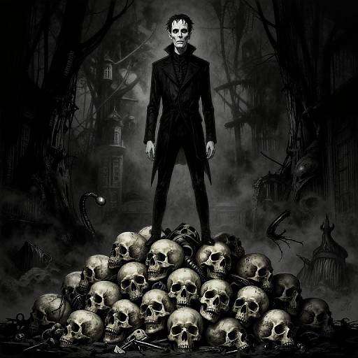 Digital artwork: Dark, gothic figure with pale skin and black clothing stands atop a pile of glowing skulls in a foggy, spooky graveyard with haunted