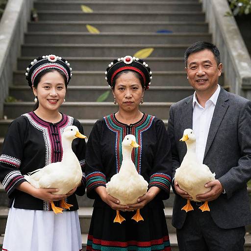 Traditional Scene with Smiling People and Ducks