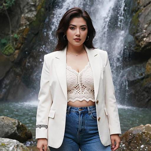 Photograph of a young woman with dark hair, wearing a white blazer, lace crop top, and high-waisted jeans, standing in front