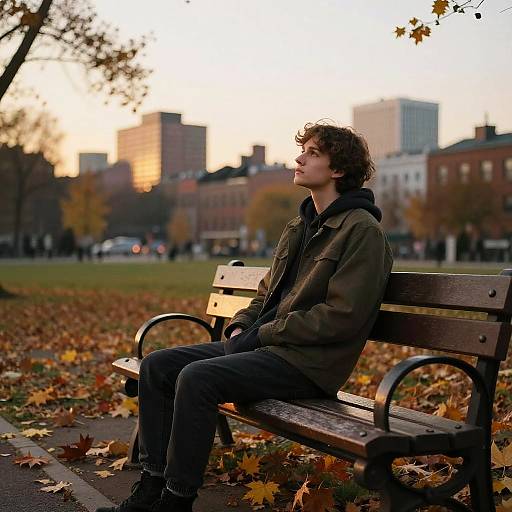 Thoughtful Unemployed at Sunset Bench