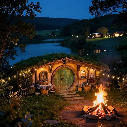 Photograph of a cozy, grass-roofed hobbit house with a green door, string lights, fireplace, and lake view at twilight.