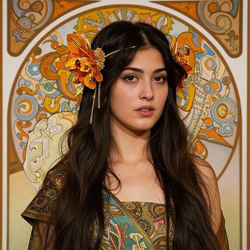 Photograph of a young woman with long black hair, adorned with orange flowers, wearing an ornate, patterned dress, set against a colorful,
