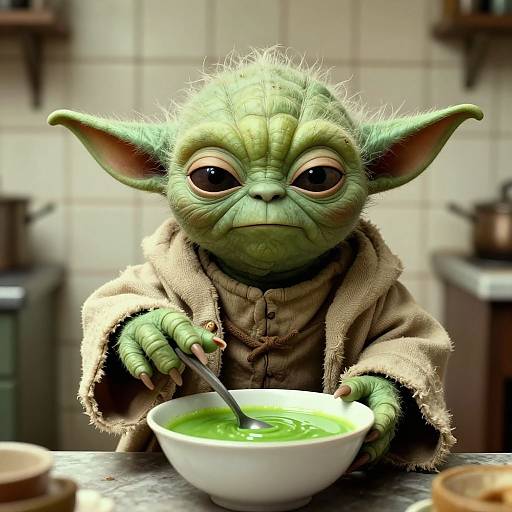 CGI image of a green, big-eyed, small goblin-like creature with large ears, wearing a brown robe, eating green soup from a bowl