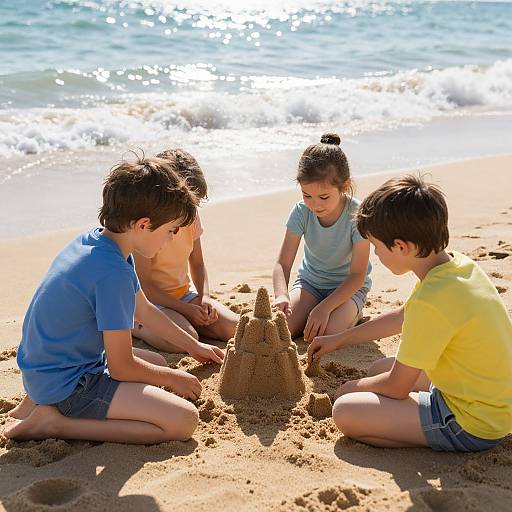 Children Building Sandcastles at Beach