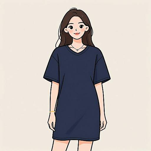 Smiling Woman in Minimalist Navy T-Shirt Dress