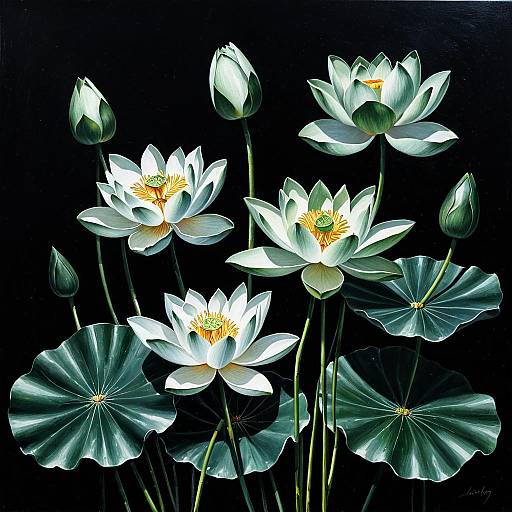 Oil Painting of Various Jade Lotus Flowers