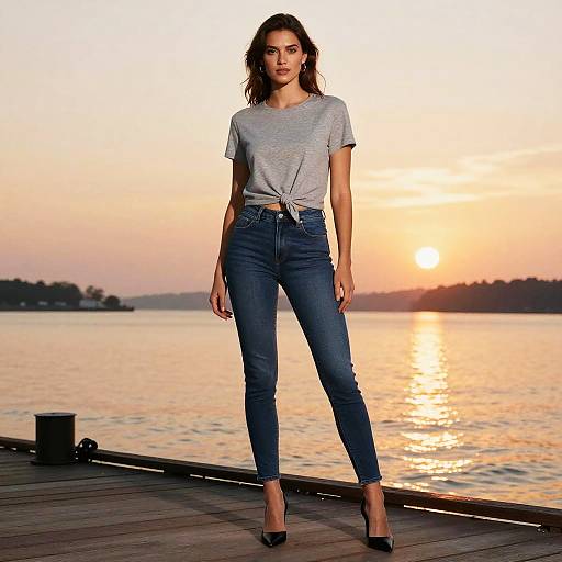 Woman in Casual Chic Outfit on Pier at Sunset