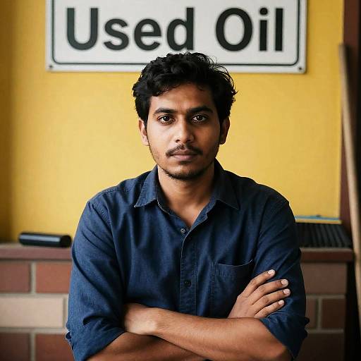 Man in Blue Shirt Near Used Oil Sign