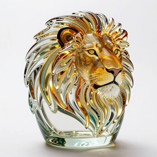 Photorealistic digital art of a glass lion with a golden mane, reflecting light, standing on a clear base, white background.
