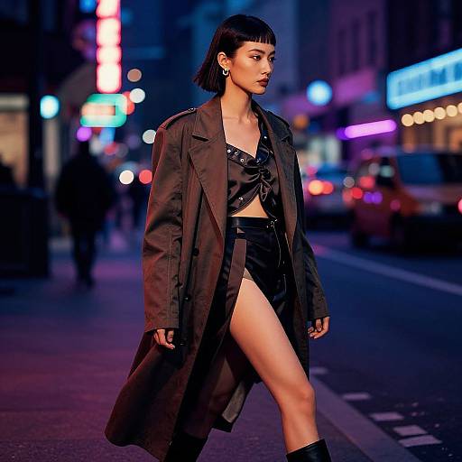 Photograph: Asian woman with straight black bob walks at night on a neon-lit city street, wearing a black trench coat, crop top, and
