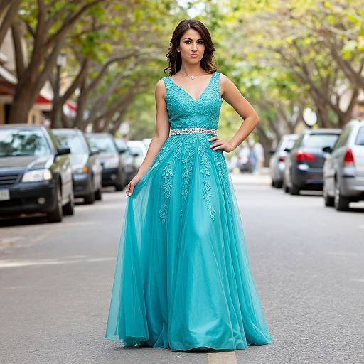 Photograph of a woman with wavy dark hair in a turquoise, sleeveless, V-neck ball gown with lace details, standing confidently on a sun