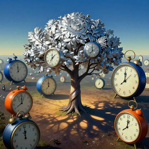 Digital artwork: surreal tree with clock leaves, blue and orange clocks floating, shadowed landscape, vibrant sky, whimsical, time-themed, dreamlike