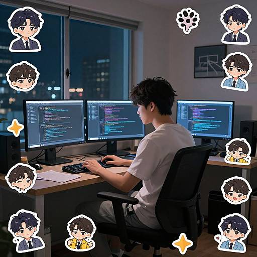 Photograph of a young man with black hair, wearing a white t-shirt, typing on a computer desk at night, surrounded by digital anime-style drawings