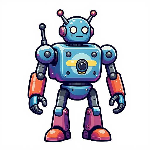 Colorful cartoon robot with blue body, red arms and legs, antennae, and a yellow circular chest detail, standing on white background.