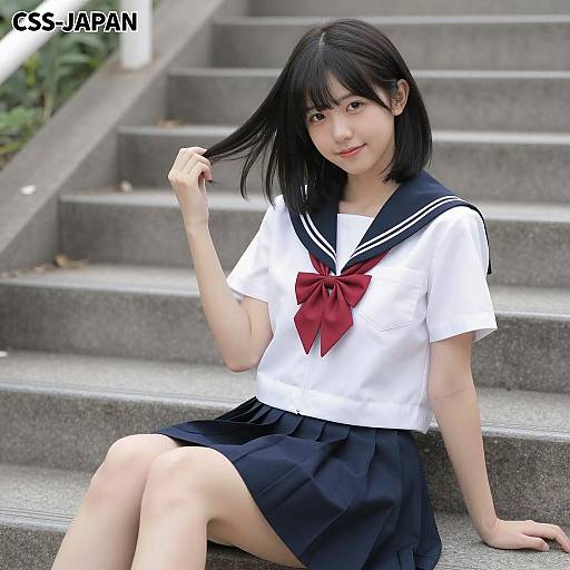 Smiling Sailor: Asian Woman on Steps