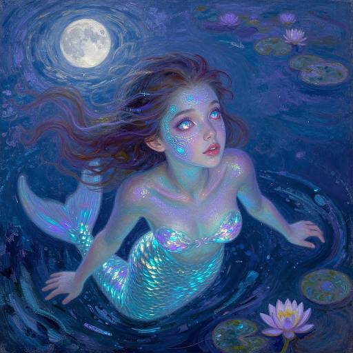 Digital painting of a glowing mermaid with iridescent scales, blue eyes, and flowing brown hair, swimming under a full moon, surrounded by l