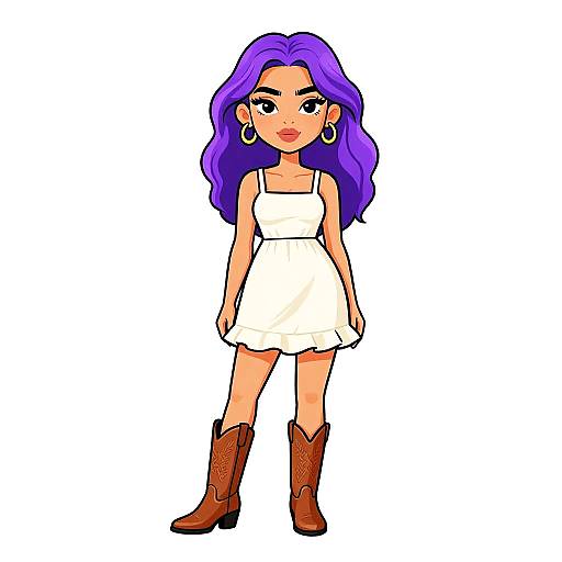 Cartoon Woman with Purple Hair in Sundress and Cowboy Boots