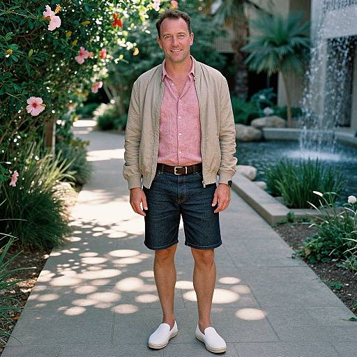 Photograph of a smiling, middle-aged man with short brown hair, wearing a pink shirt, beige jacket, black shorts, and white sneakers, standing