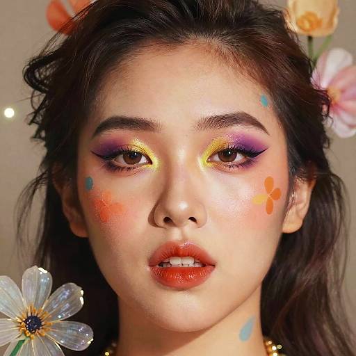Photograph of an Asian woman with vibrant, multicolored eyeshadow, orange lipstick, and flower and paint patterns on her face, surrounded by