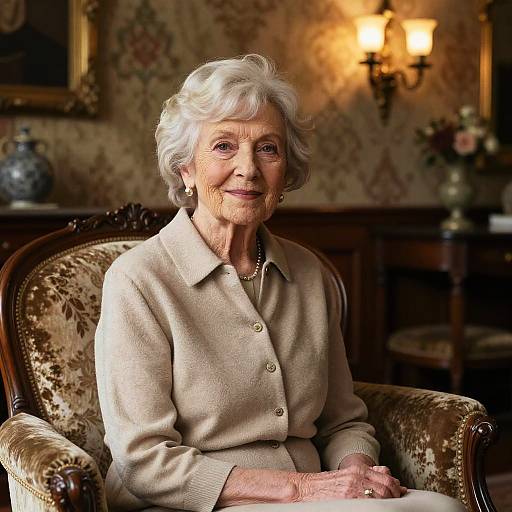 Photograph of an elderly white woman with short, curly white hair, wearing a beige cardigan, seated in an ornate, patterned armchair