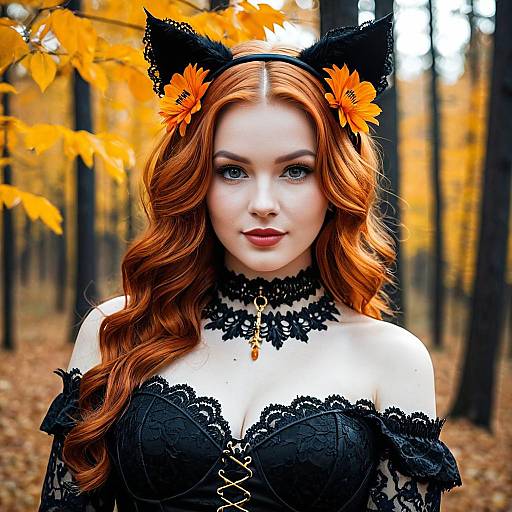 Redhead Woman in Gothic Cat Costume in Autumn Forest