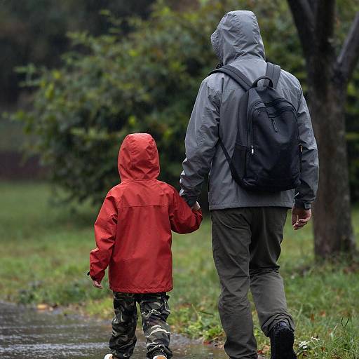 Man and Child Walking in Rain
