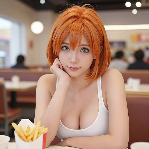 CGI anime-style redhead girl with green eyes, white tank top, large breasts, in a dimly lit restaurant, leaning on hand, looking at