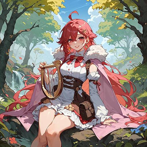 Smiling Girl with Harp in Forest