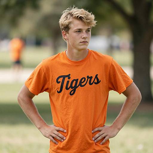 Young Man in Orange 'Tigers' Tee