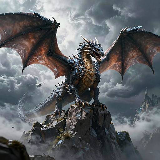 Digital fantasy artwork of a powerful, dark blue and red-scaled dragon with large wings, standing on a rocky mountain peak under a stormy sky.