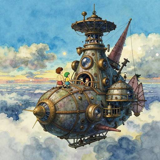 Steampunk airship with two colorful children on top flying through fluffy clouds against a vibrant sunset sky. Digital illustration.