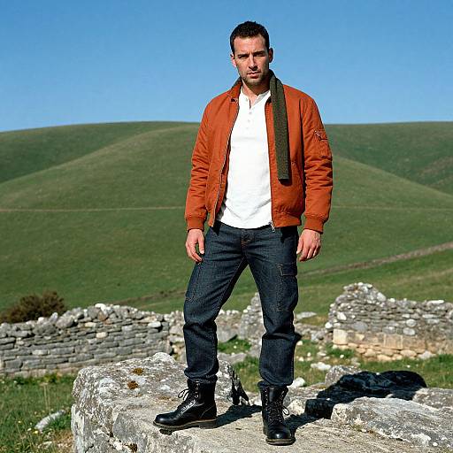 Photograph of a man with short dark hair, beard, wearing an orange jacket, white shirt, dark jeans, black boots, standing on a rock