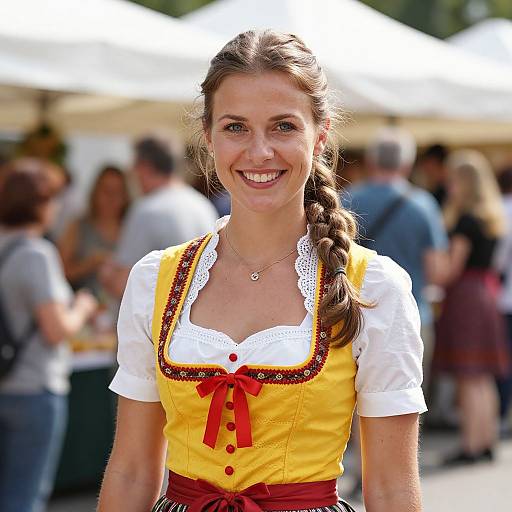 Smiling woman with braided brown hair, wearing a traditional German dirndl dress with yellow bodice, white blouse, and red ribbon, stands outdoors