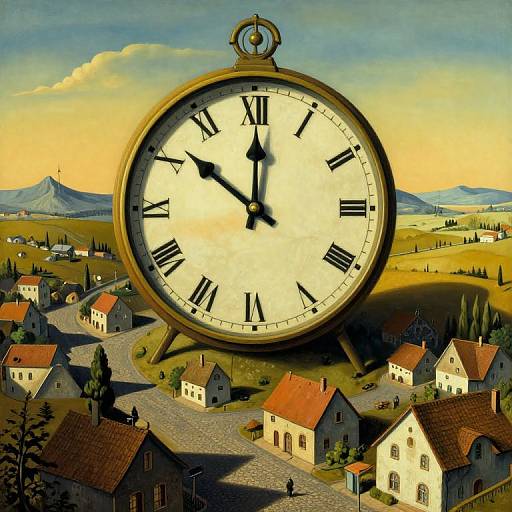 Photograph-style digital art: massive vintage clock with black Roman numerals looms over quaint, sunlit village with red-roofed houses and winding