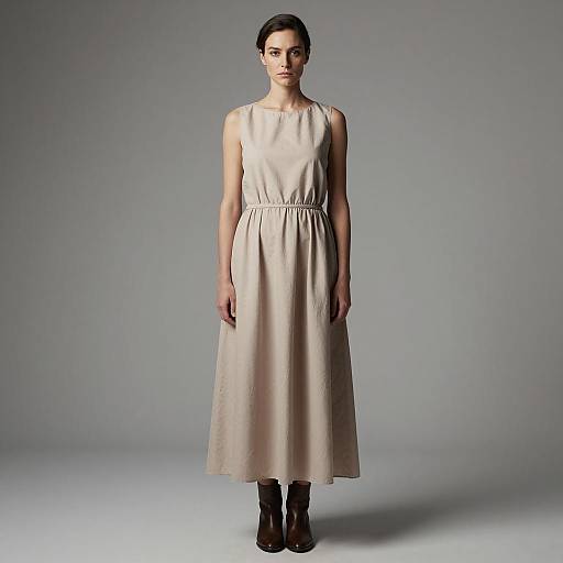 Woman in Champagne Sleeveless Dress and Brown Ankle Boots